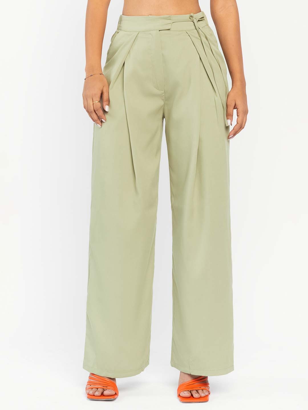 

FREAKINS Women Sage Green High-Rise Cotton Flared Parallel Trousers