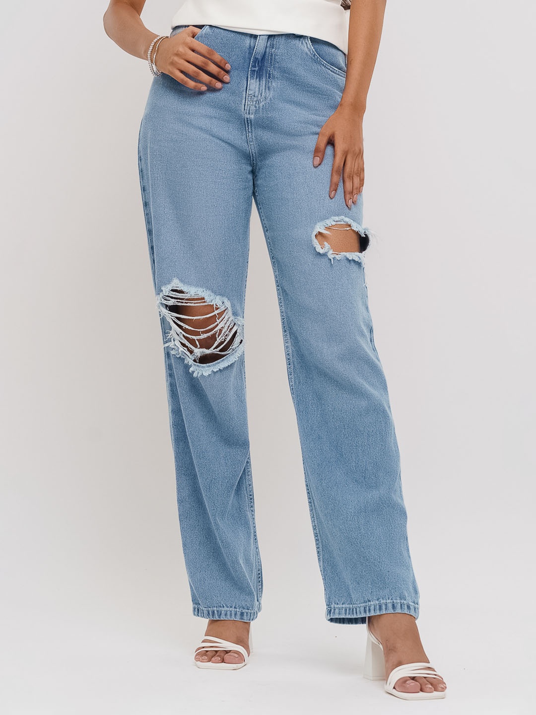 

FREAKINS Women Blue Straight Fit High-Rise Highly Distressed Cotton Jeans