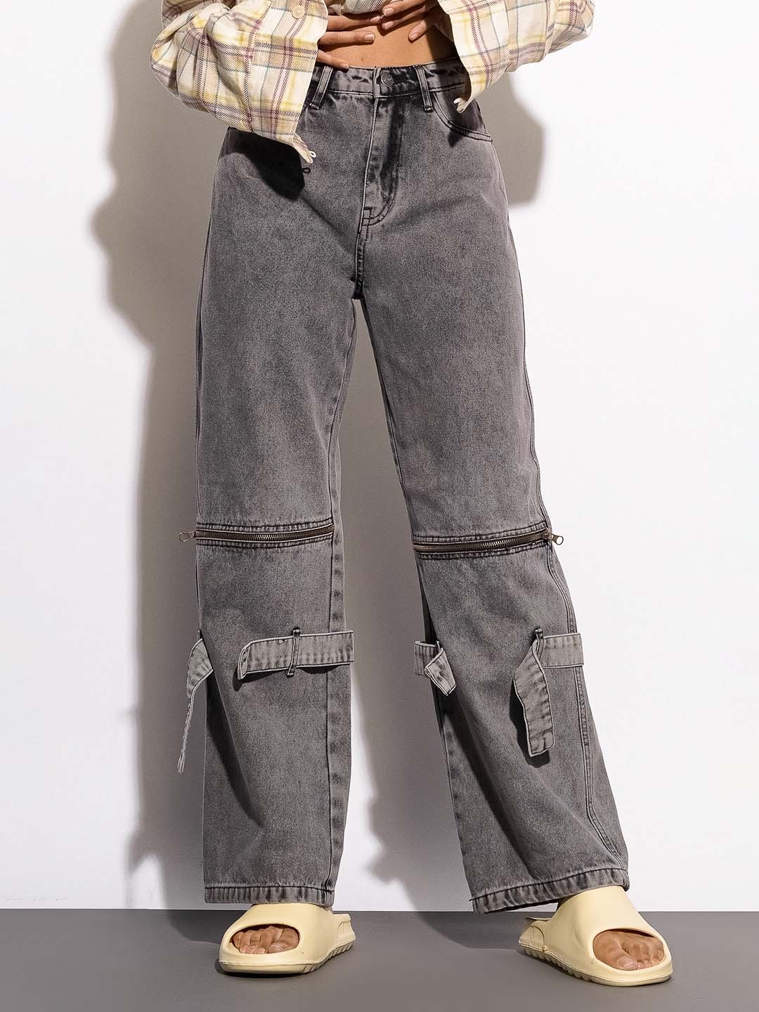 

FREAKINS Women Charcoal Grey Straight Fit High-Rise Heavy Fade Clean Look Cotton Jeans