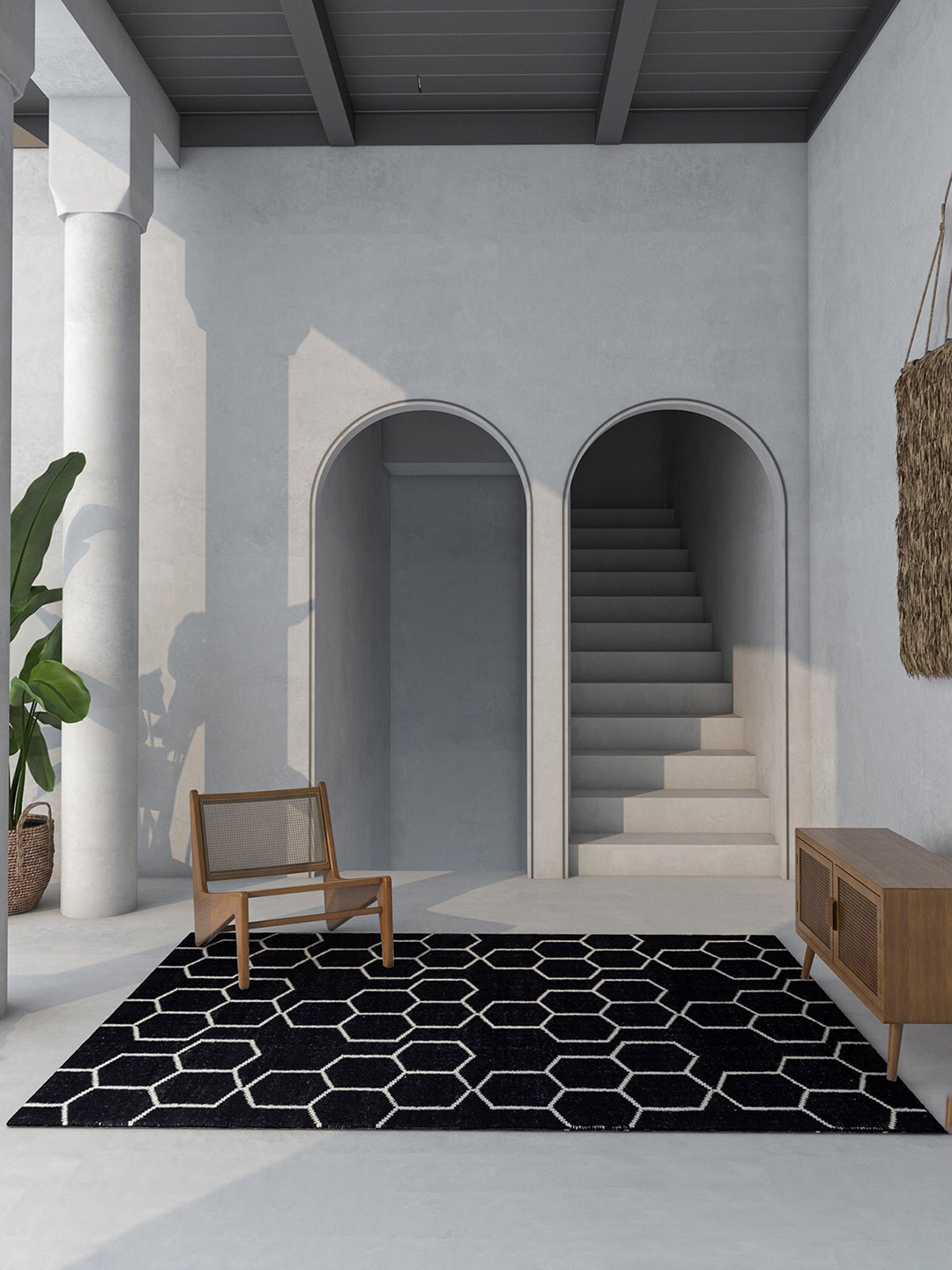 

Jaipur Rugs Black & Grey Geometric Self Design Wool Dhurrie