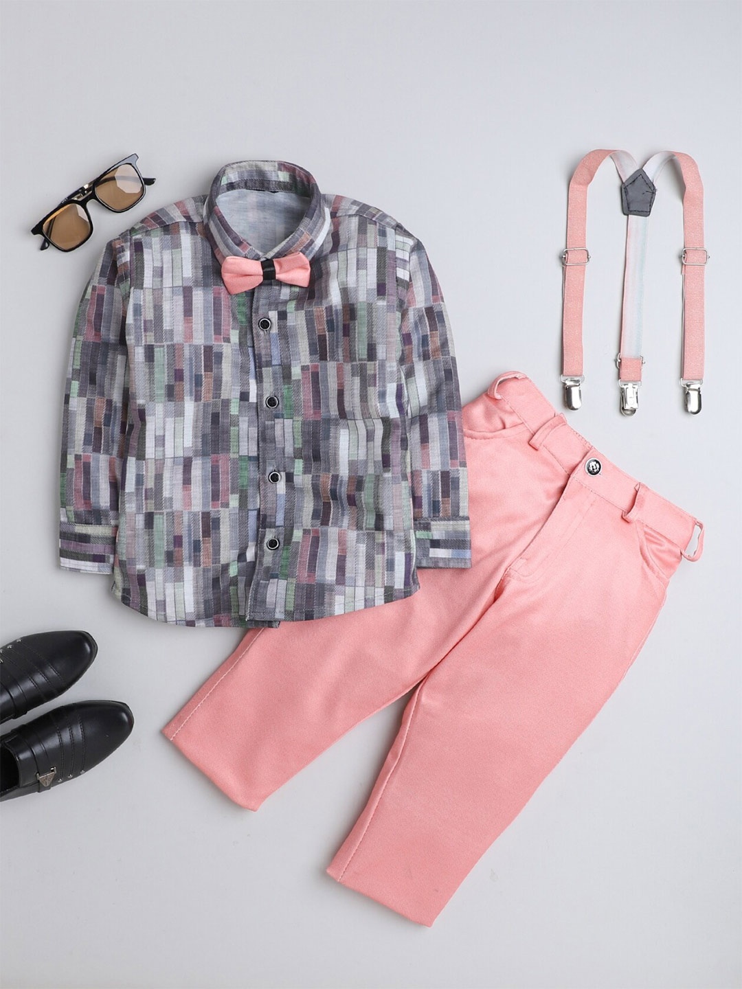 

FOURFOLDS Boys Printed Shirt & Trousers With Suspender & Bow, Pink