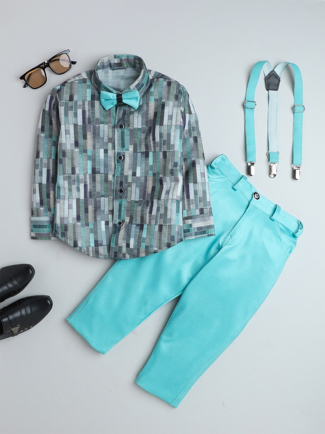 

FOURFOLDS Boys Printed Shirt & Trousers With Suspender & Bow, Turquoise blue