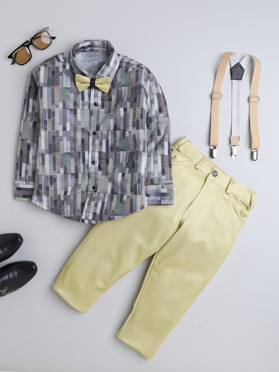 

FOURFOLDS Boys Printed Shirt & Trousers With Suspender & Bow, Mustard