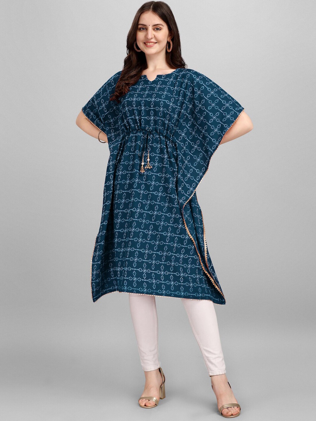 

HERE&NOW Navy Blue & White Bandhani Printed Kaftan Cotton Kurta