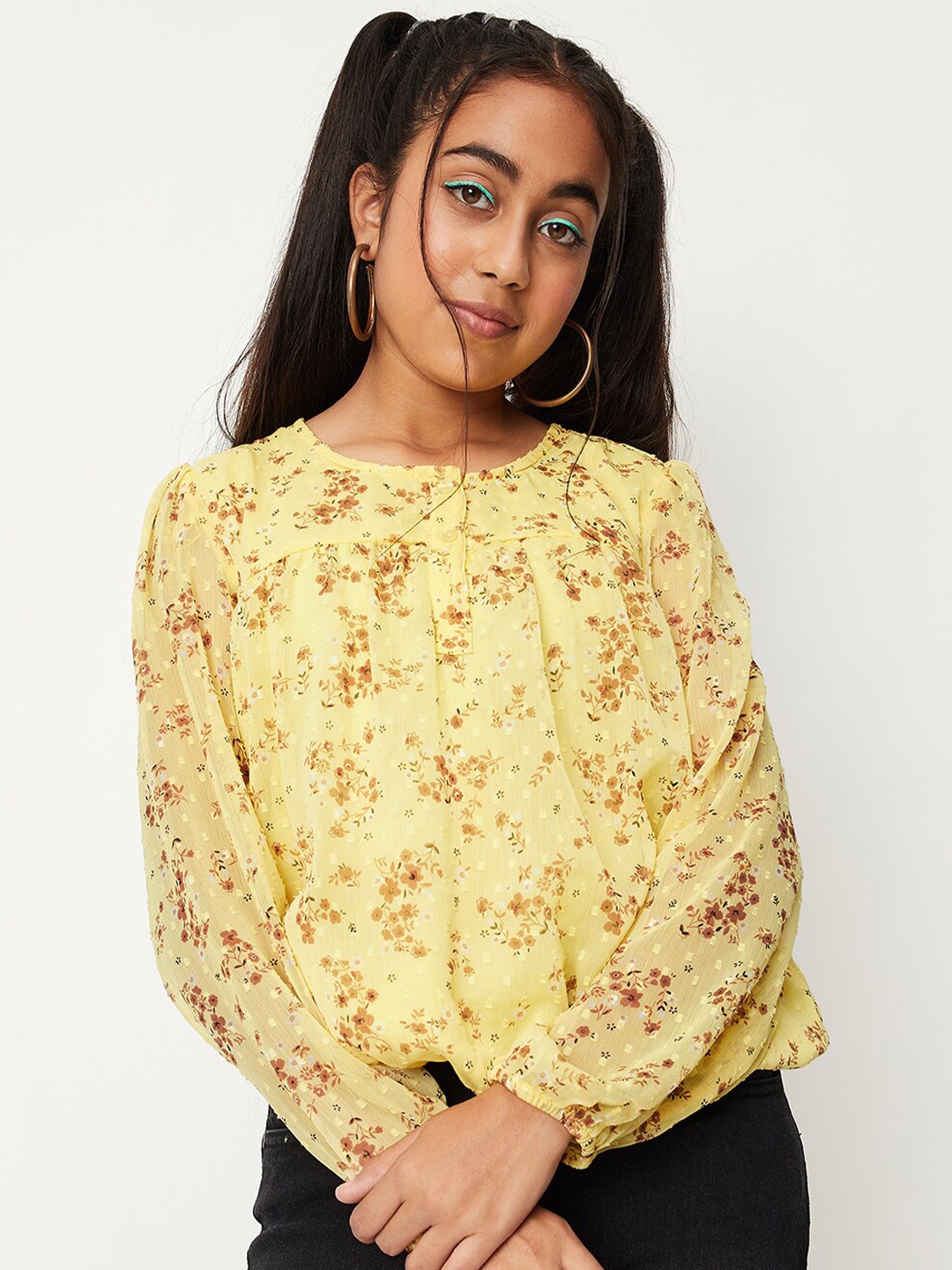 

max Girls Floral Printed Puff Sleeves Regular Top, Yellow