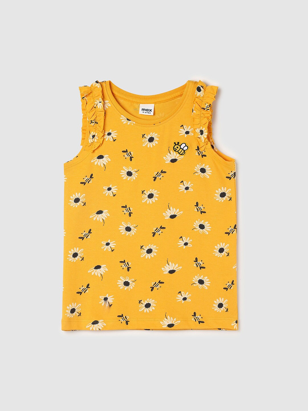 

max Girls Floral Printed Gathered Pure Cotton Tank Top, Yellow