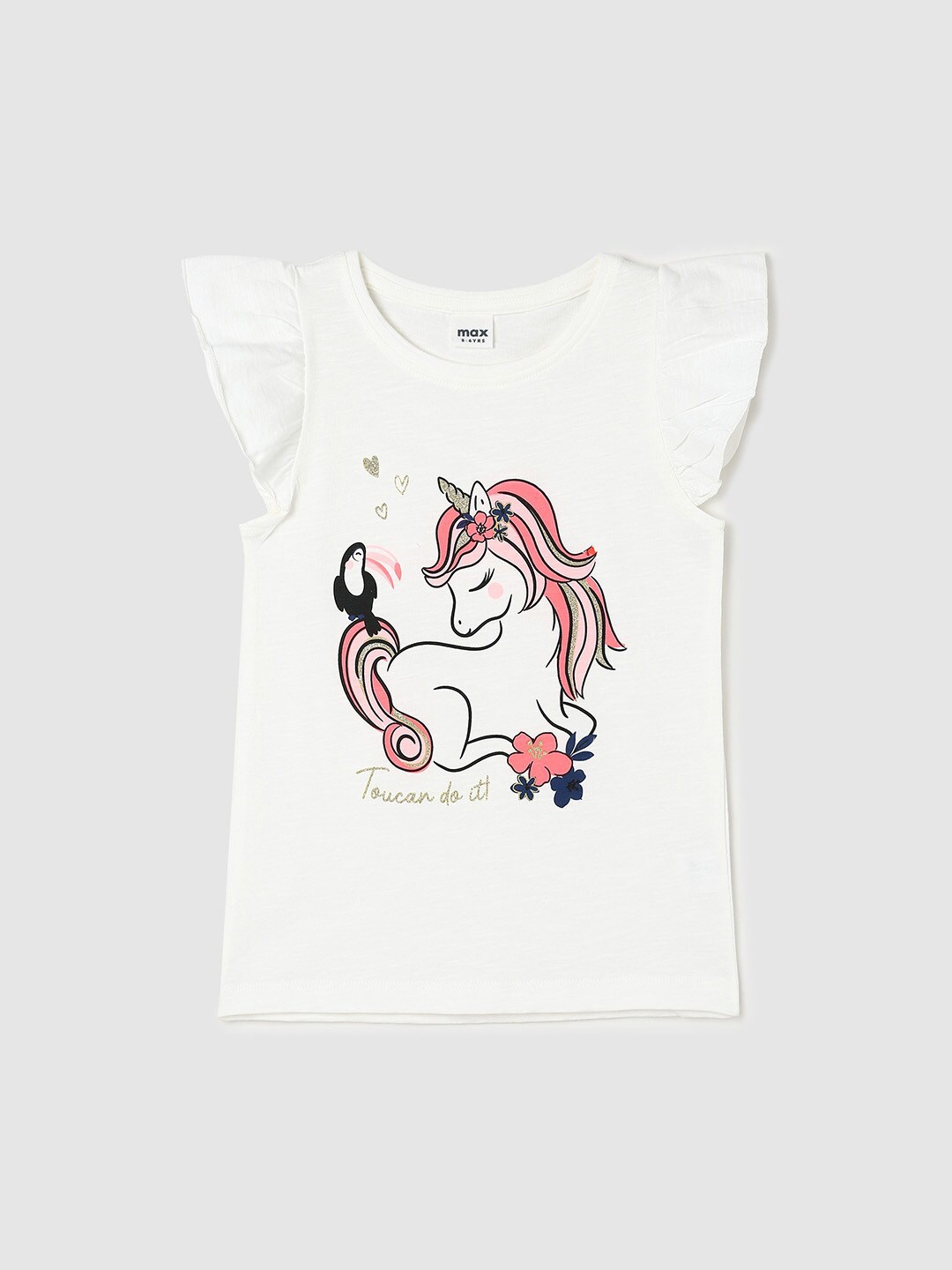 

max Girls Graphic Printed Flutter Sleeves Pure Cotton Top, White