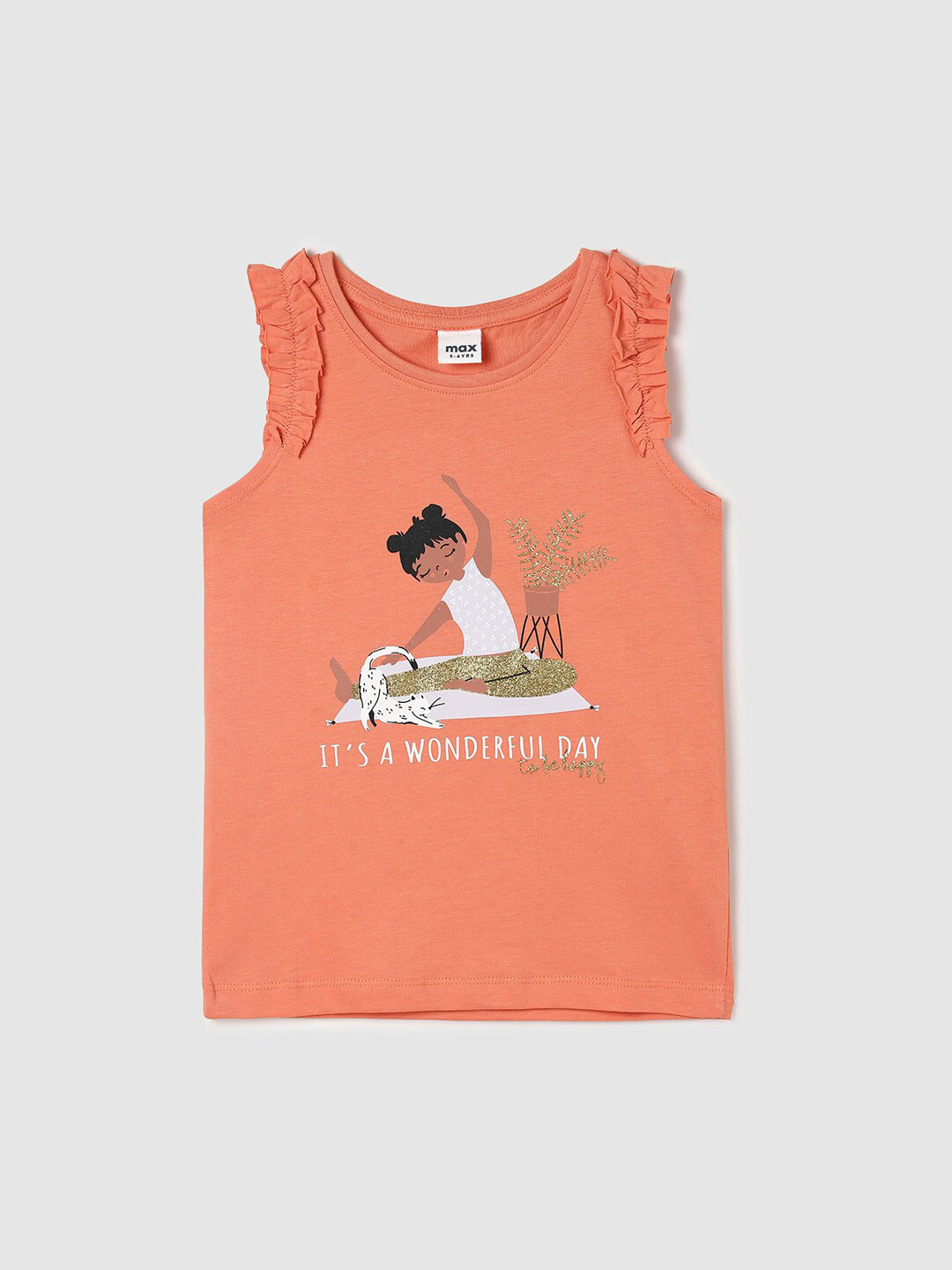 

max Girls Graphic Printed Flutter Sleeves Cotton Top, Peach