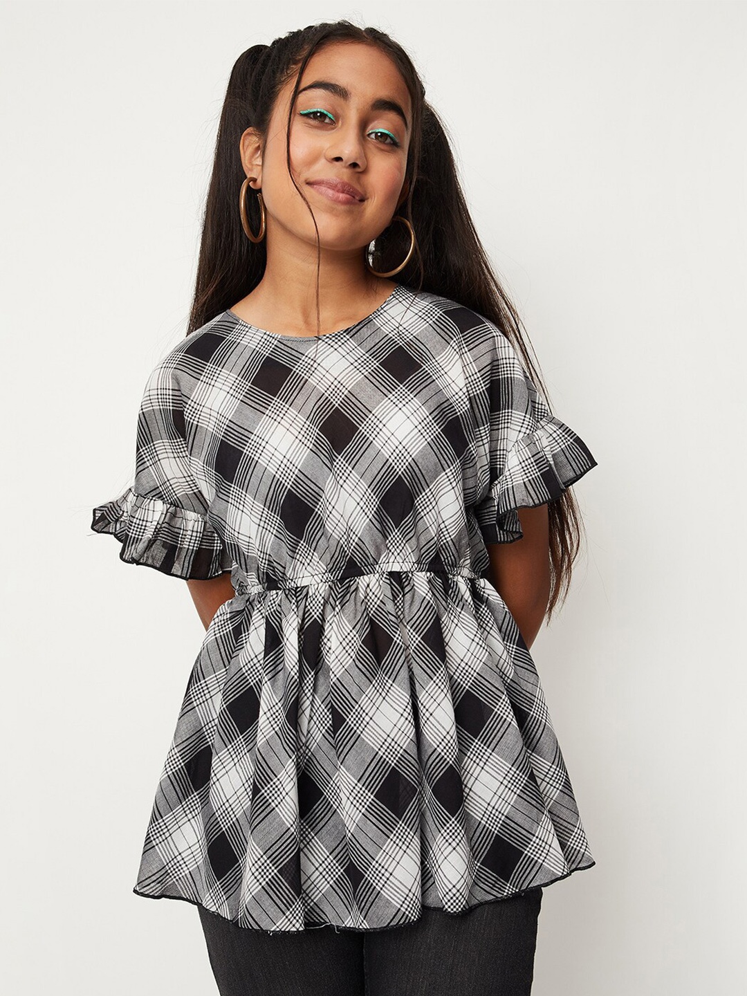 

max Checked Extended Sleeves Ruffled Cotton Empire Top, Black