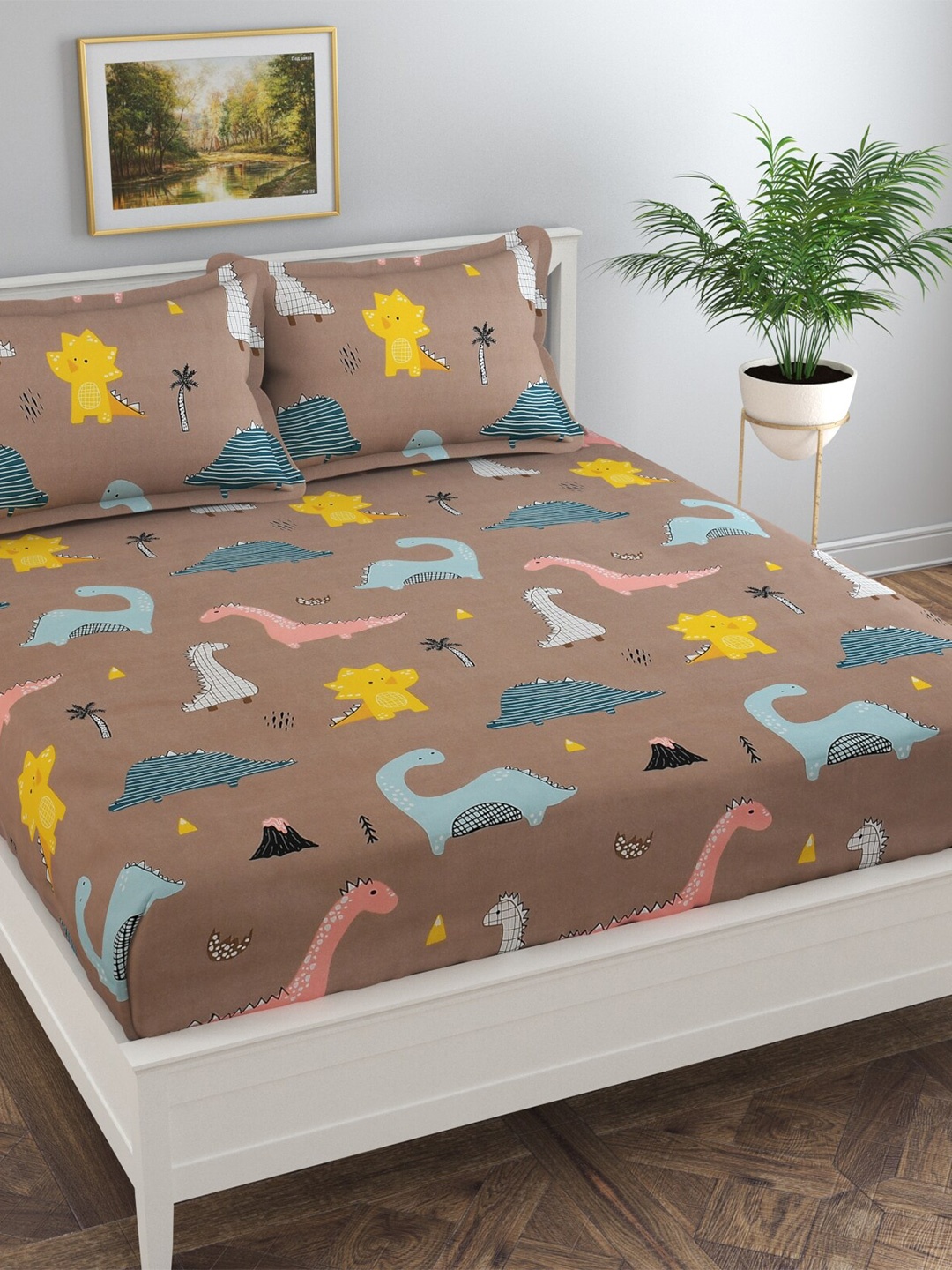

Florida Cambric Camel Brown Printed 250 TC Cotton Queen Bedsheet & 2 Pillow Covers