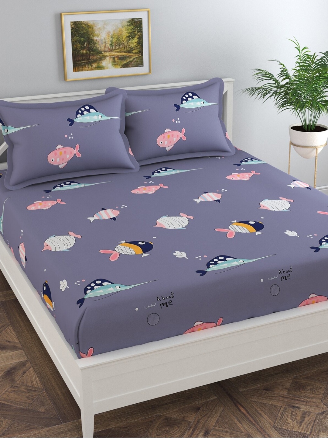 

Florida Cambric Grey & Blue Printed 250 TC Cotton Queen Bedsheet & 2 Pillow Covers