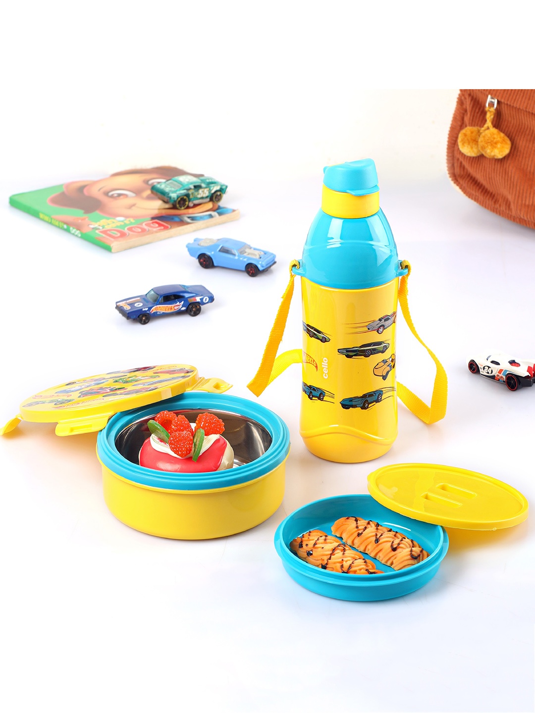 

Cello Tiffy Hotwheelz 2-Pcs Yellow & Blue Lunch Box-460ml With Water Bottle-400ml