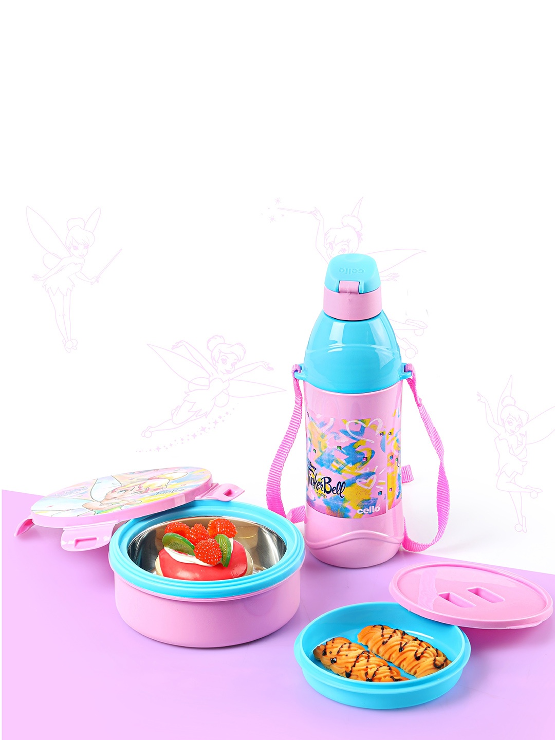 

Cello Tiffy 2-Pcs Pink & Blue Tinker Bell Printed Lunch Box-460ml With Water Bottle-400ml