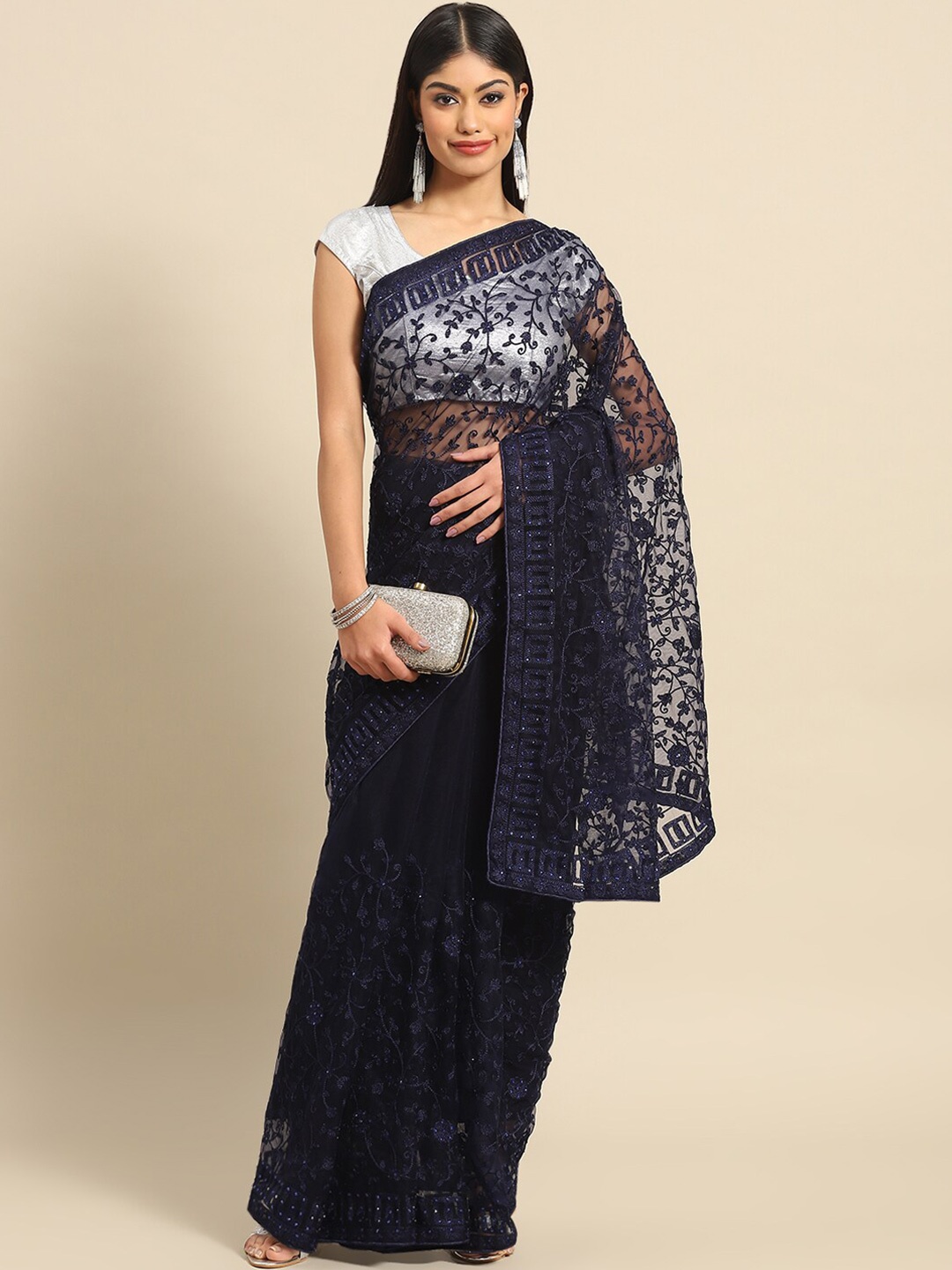 

Mitera Navy Blue Floral Embroidered Beads & Stone Net Saree