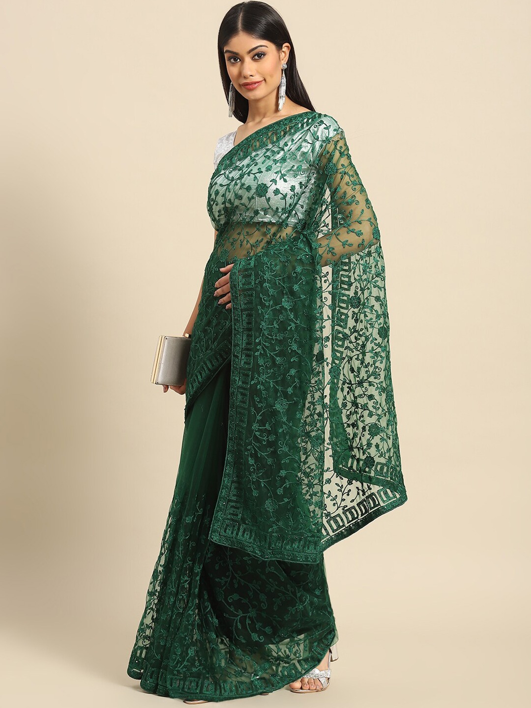 

Mitera Green Floral Embroidered Beads & Stone Net Saree