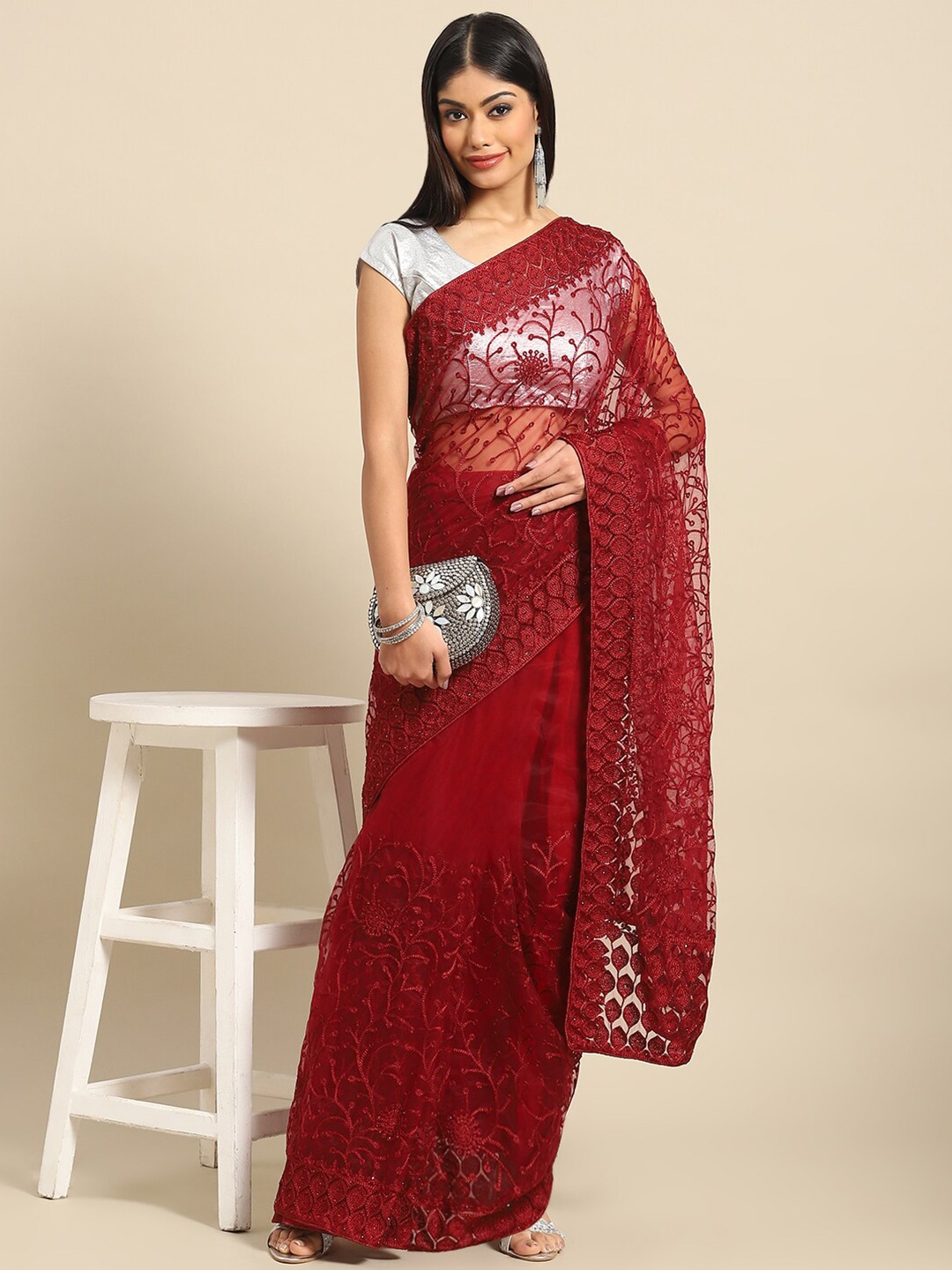

Mitera Maroon Floral Embroidered Net Saree