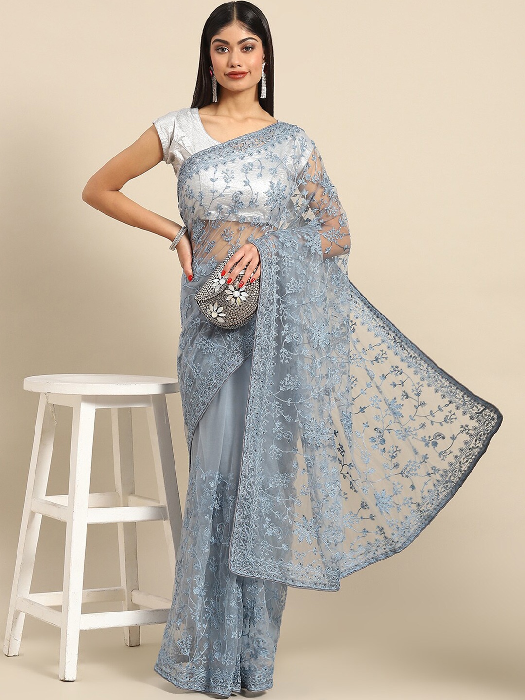 

Mitera Grey Floral Embroidered Beads and Stones Net Saree