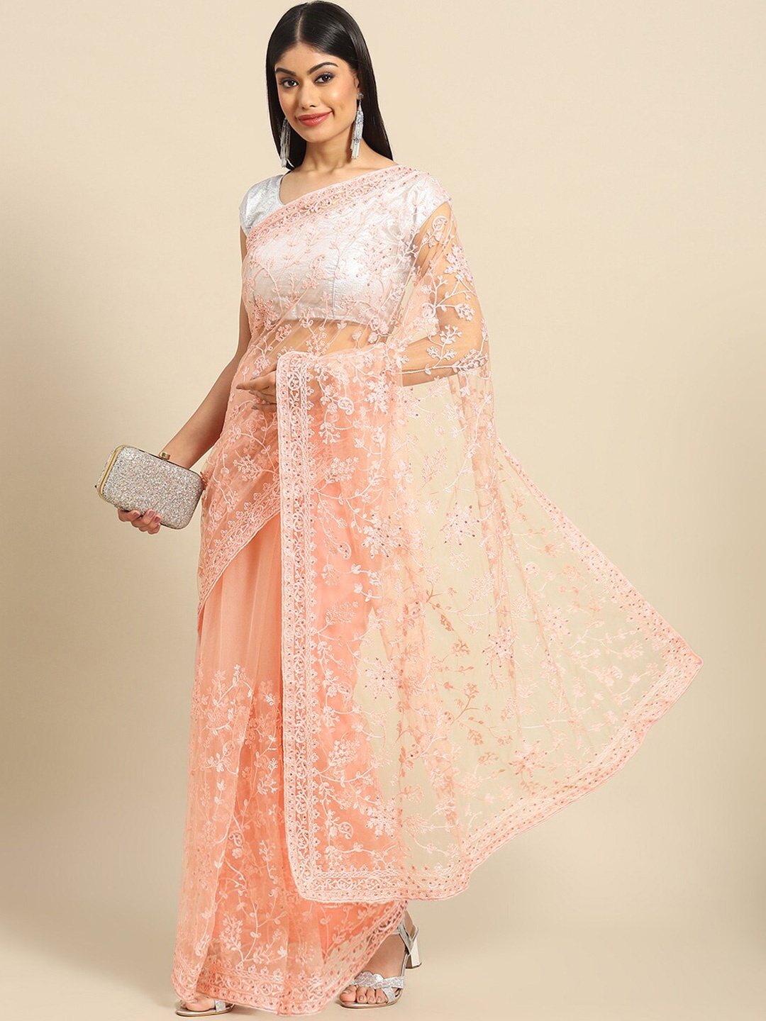 

Mitera Peach-Coloured Floral Embroidered Beads and Stones Net Saree