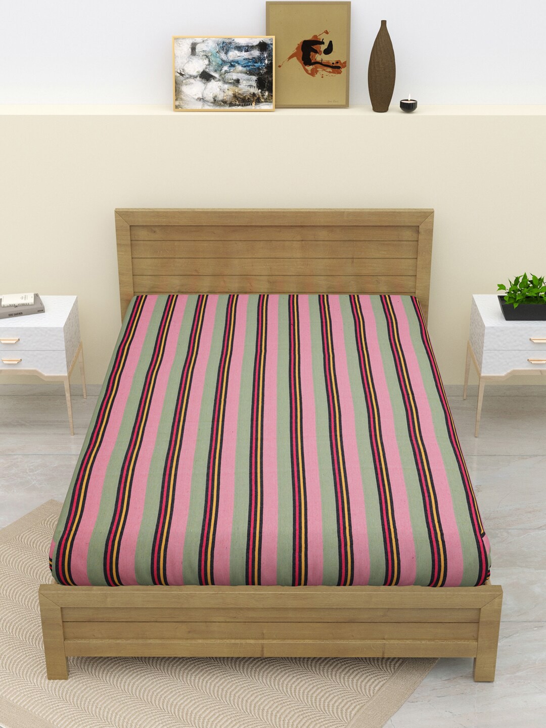 

Varde Pink & Green Striped Pure Cotton Single Bedsheet