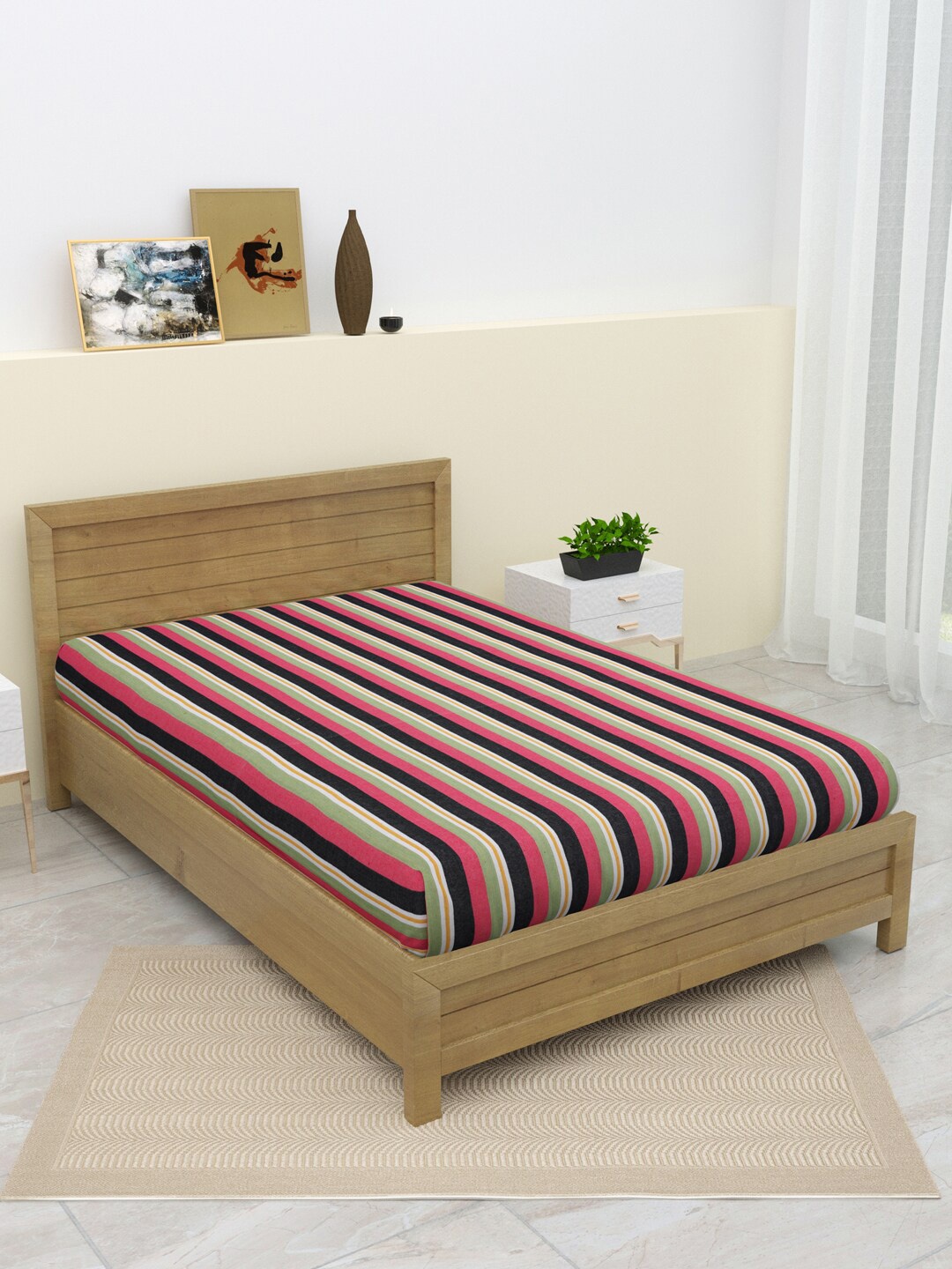 

Varde Pink & Green Striped Pure Cotton Thick Yarn Single Bedcover