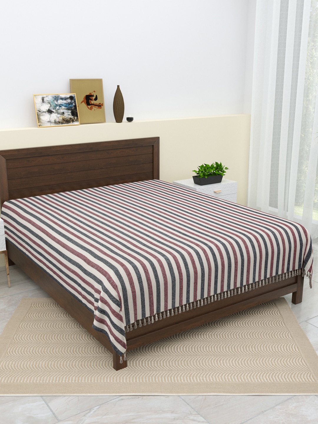 

Varde Maroon & Grey Striped Pure Cotton Double King Bedcover
