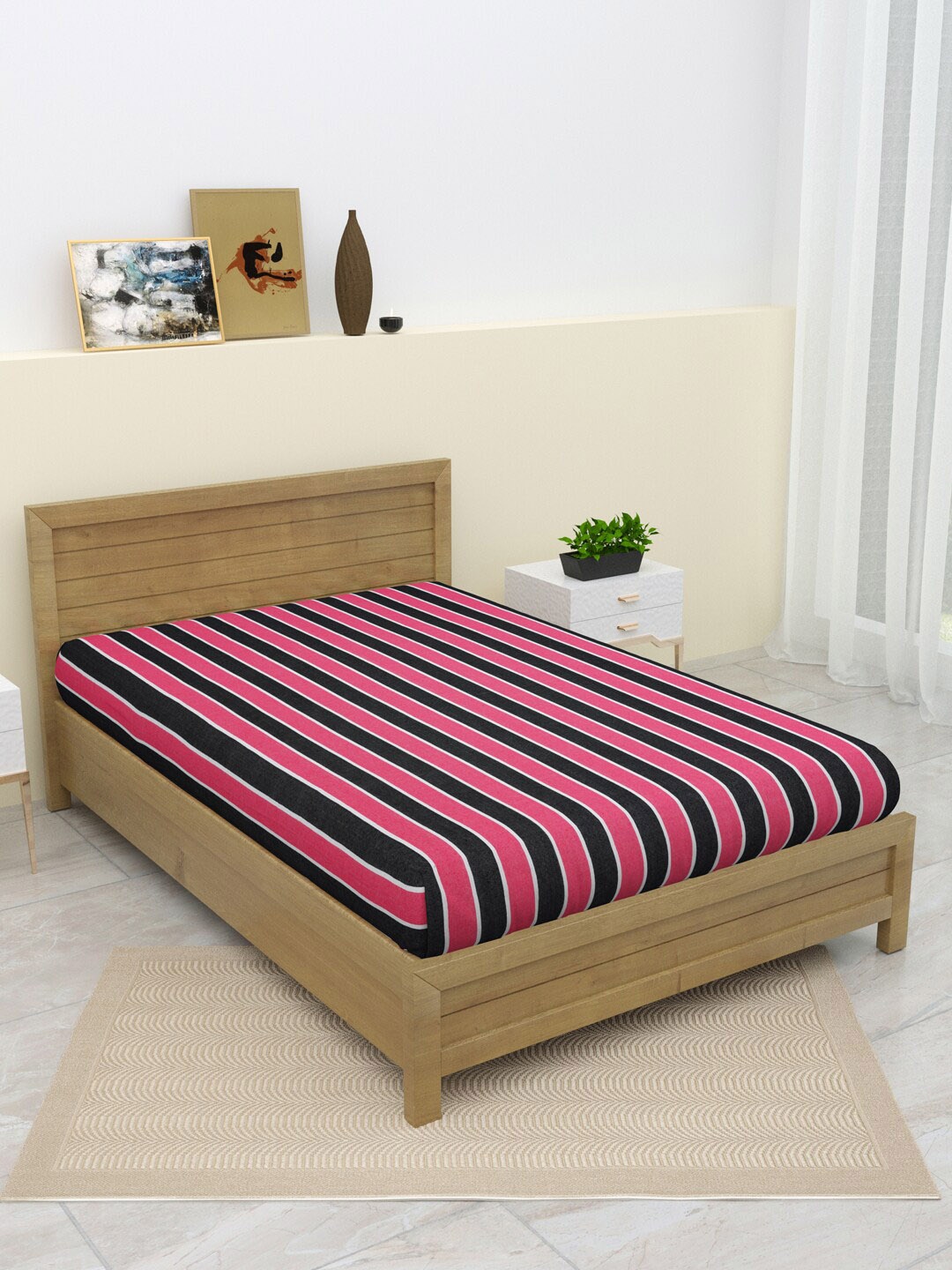 

Varde Pink & Black Striped Pure Cotton Thick Yarn Single Bedcover