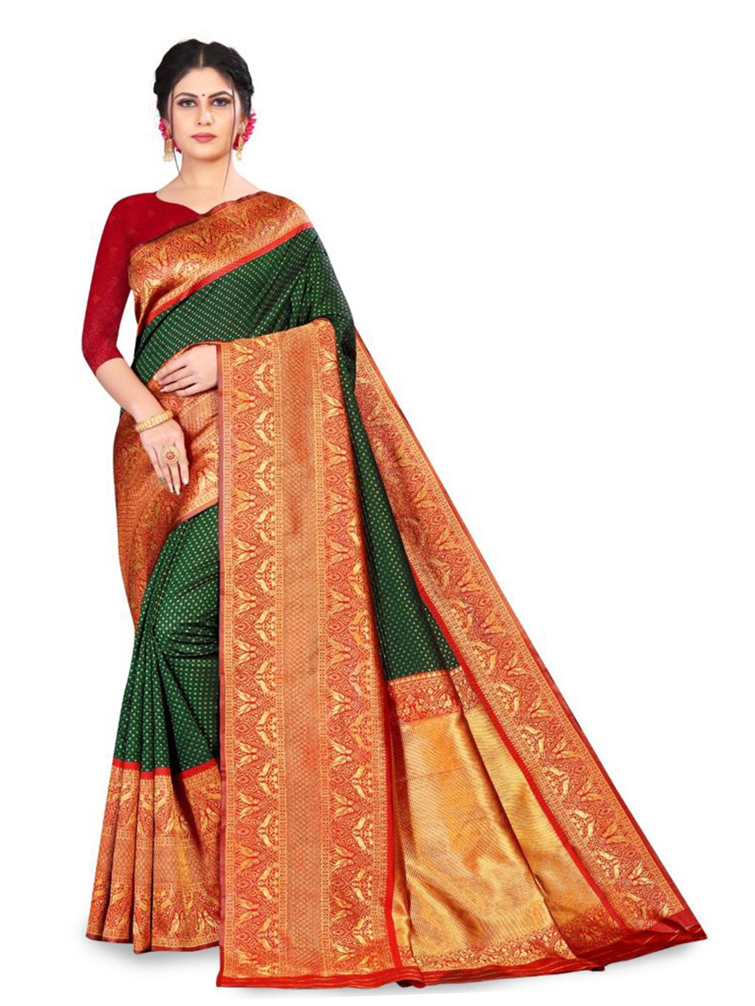 

Naishu Trendz Polka Dot Woven Design Zari Pure Silk Kanjeevaram Saree, Green