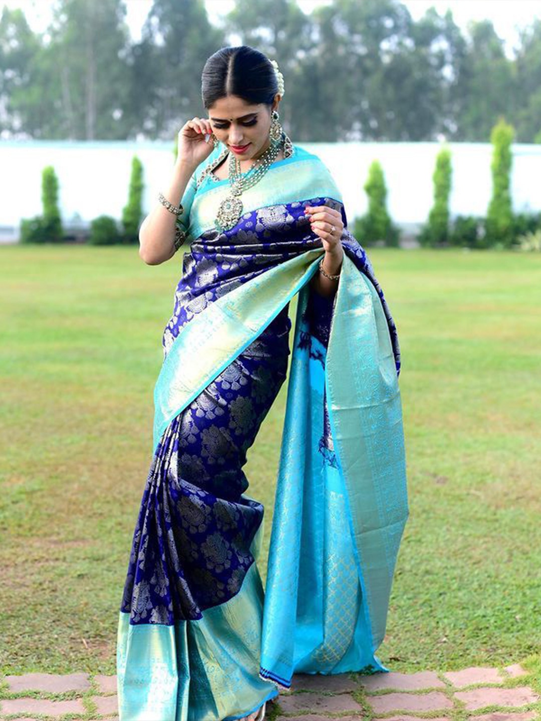 

Naishu Trendz Ethnic Woven Design Zari Pure Silk Kanjeevaram Saree, Blue