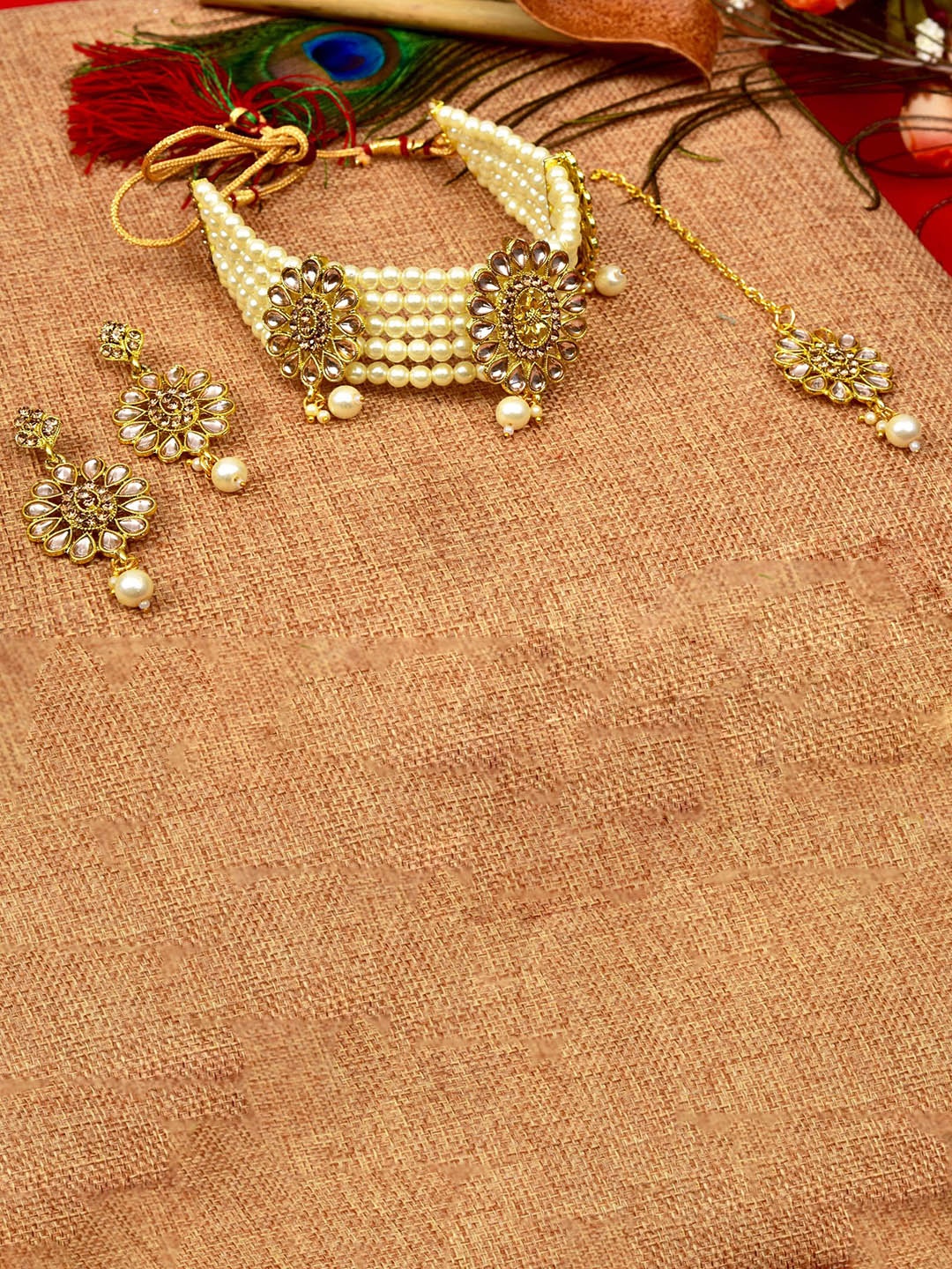 

MANSIYAORANGE Gold-Plated Stone-Studded & Beaded Necklace & Earrings
