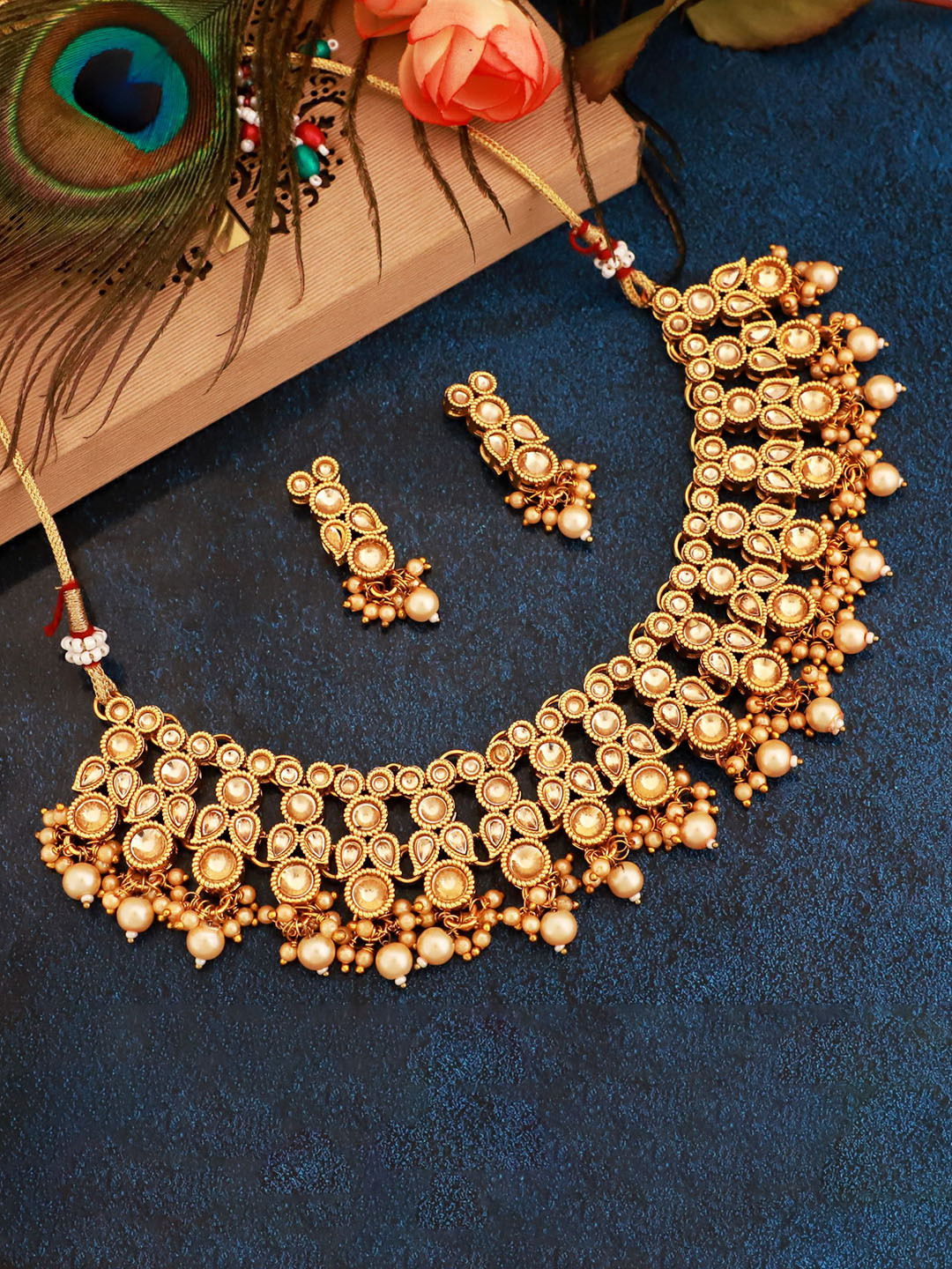

MANSIYAORANGE Gold-Plated Stone-Studded & Beaded Necklace & Earrings