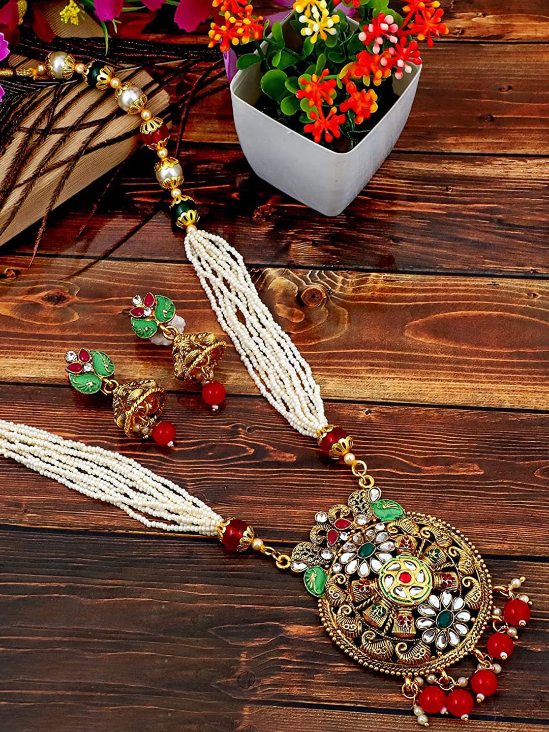 

MANSIYAORANGE Gold-Plated Stone-Studded & Beaded Long Necklace & Earrings