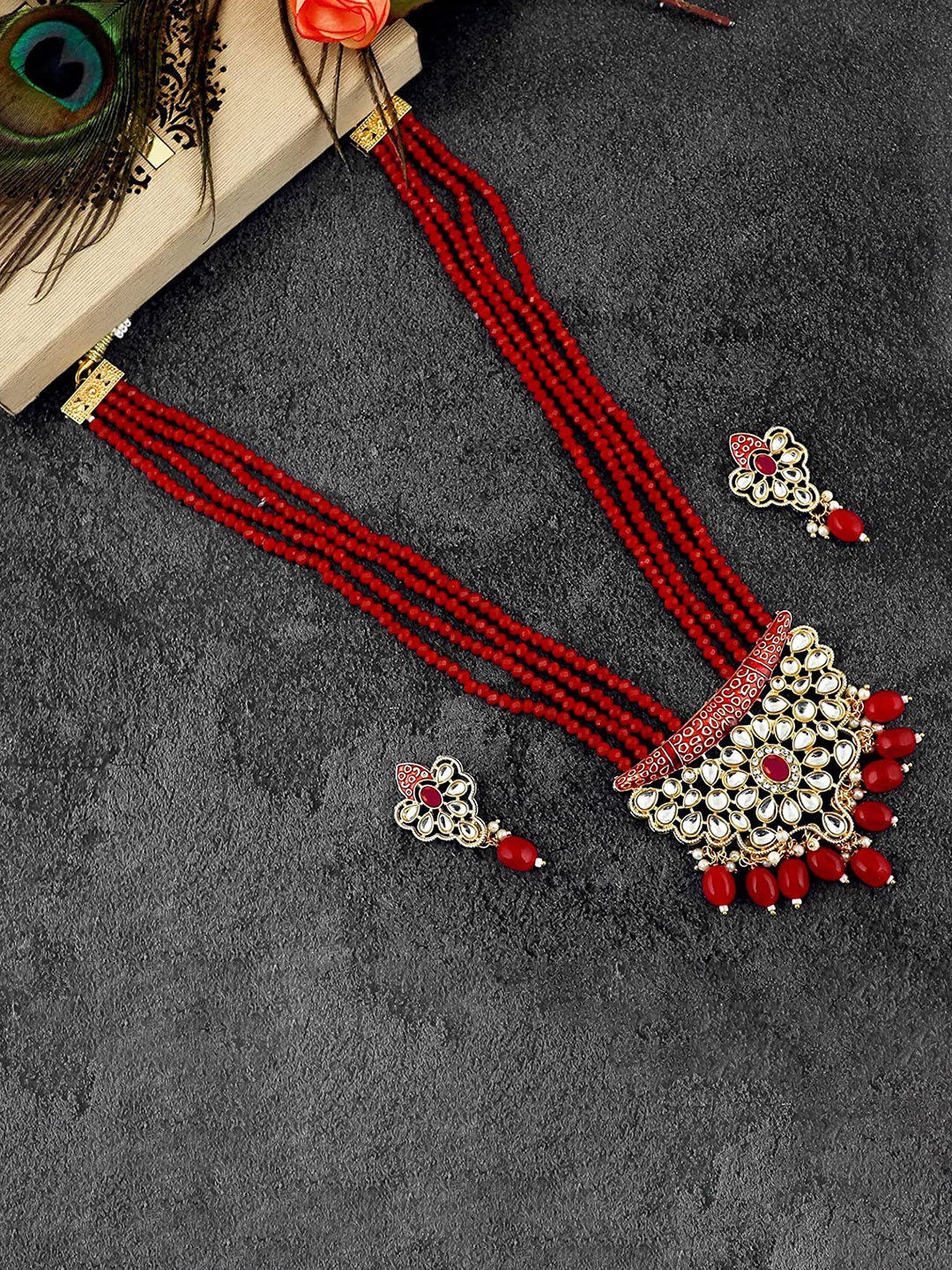 

MANSIYAORANGE Gold-Plated Stone-Studded & Beaded Necklace & Earrings