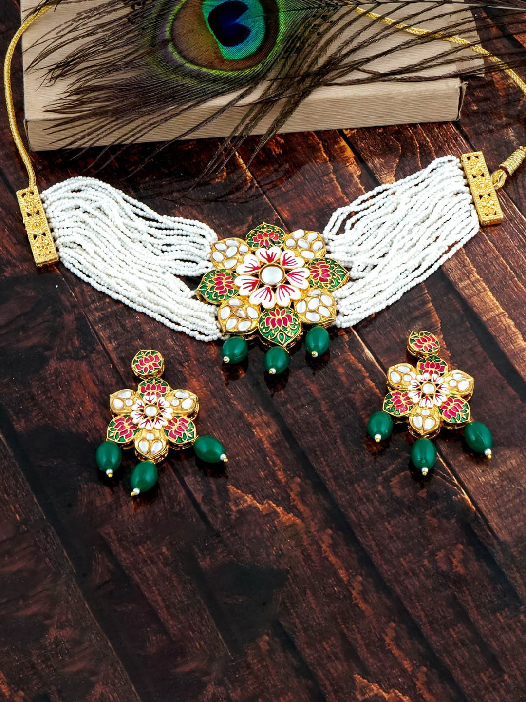 

MANSIYAORANGE Gold-Plated Meenakari Necklace & Earrings