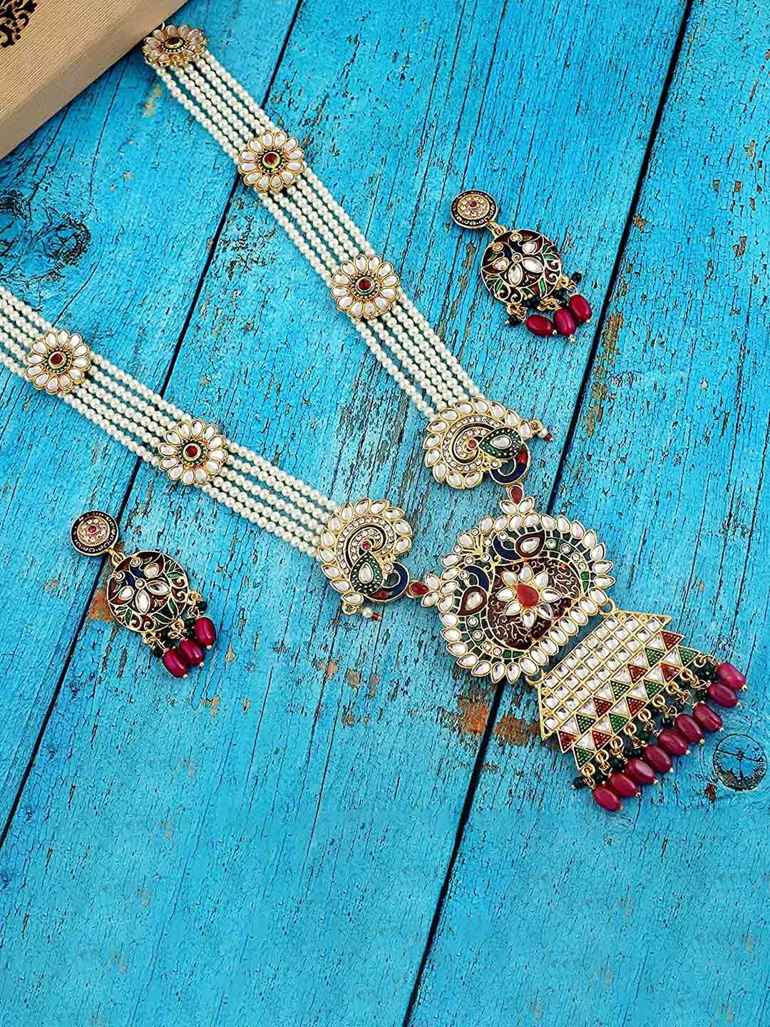 

MANSIYAORANGE Gold-Plated Kundan-Studded & Beads-Beaded Necklace & Earrings