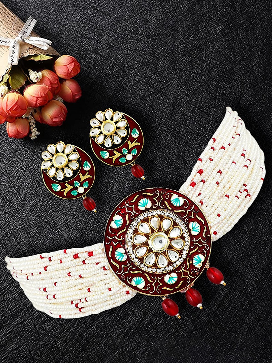 

MANSIYAORANGE Gold-Plated Meenakari Necklace & Earrings