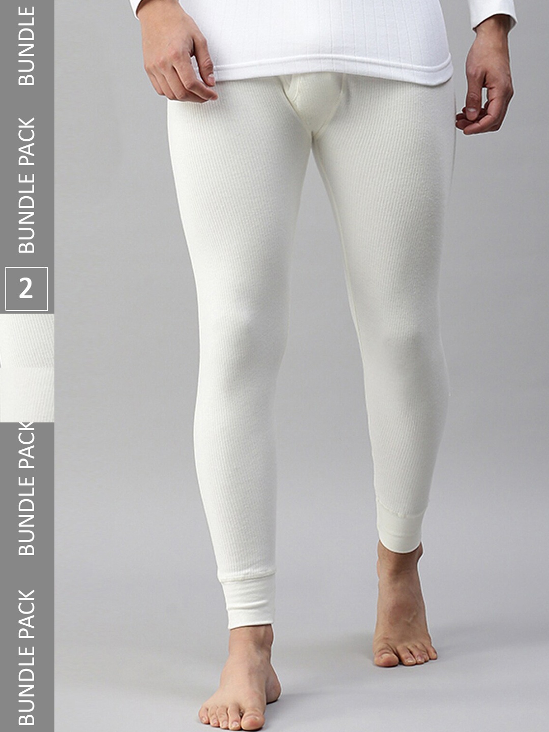 

LUX PARKER Men Pack Of 2 Ribbed Cotton Wool Thermal Bottoms, White