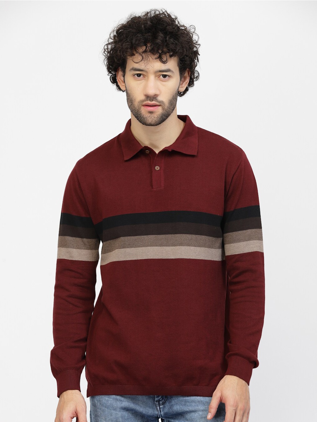 

Kalt Striped Polo Collar T-shirt, Maroon