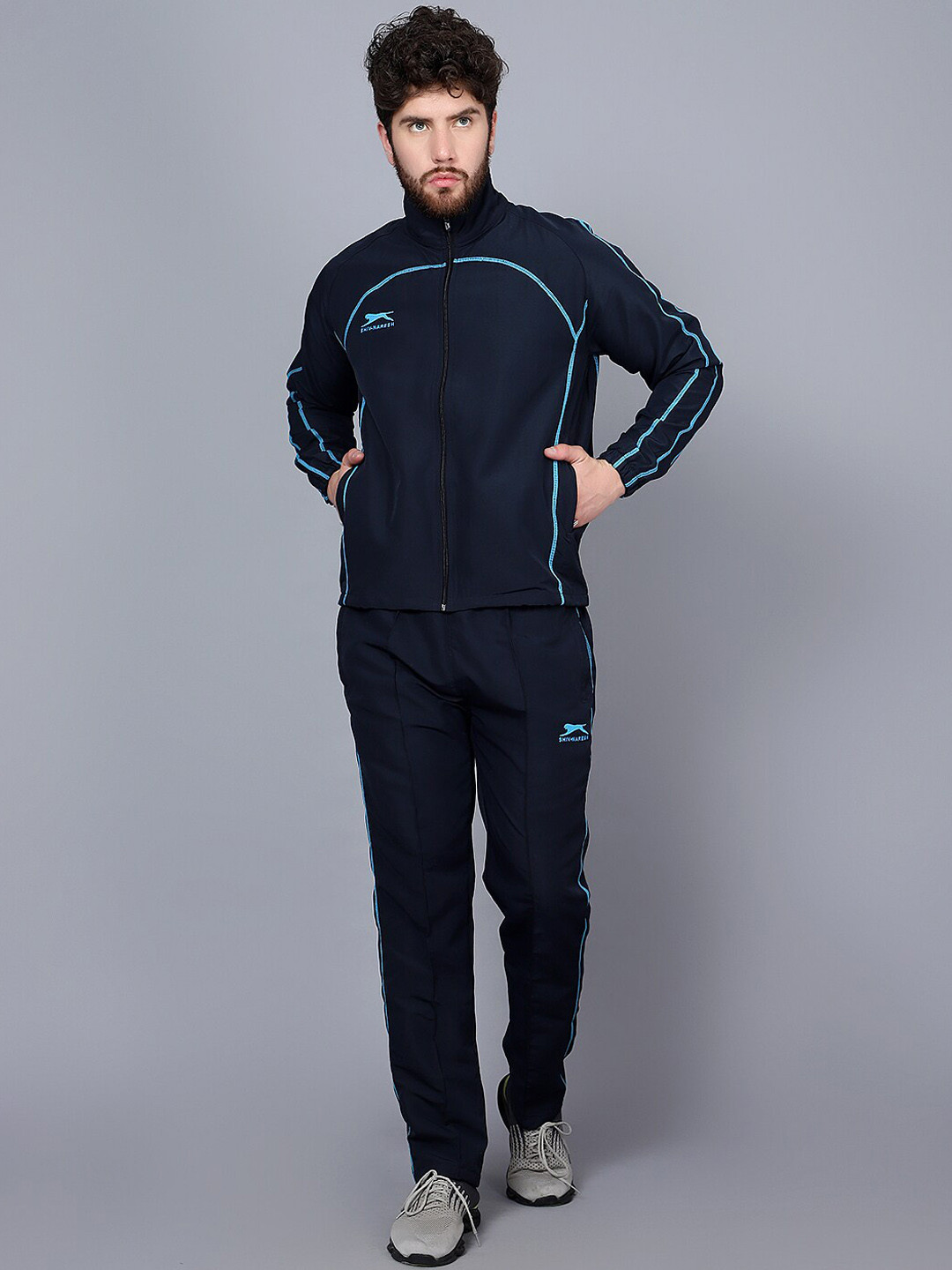 

Shiv Naresh Men Printed Mock Collar Sports Tracksuit, Navy blue