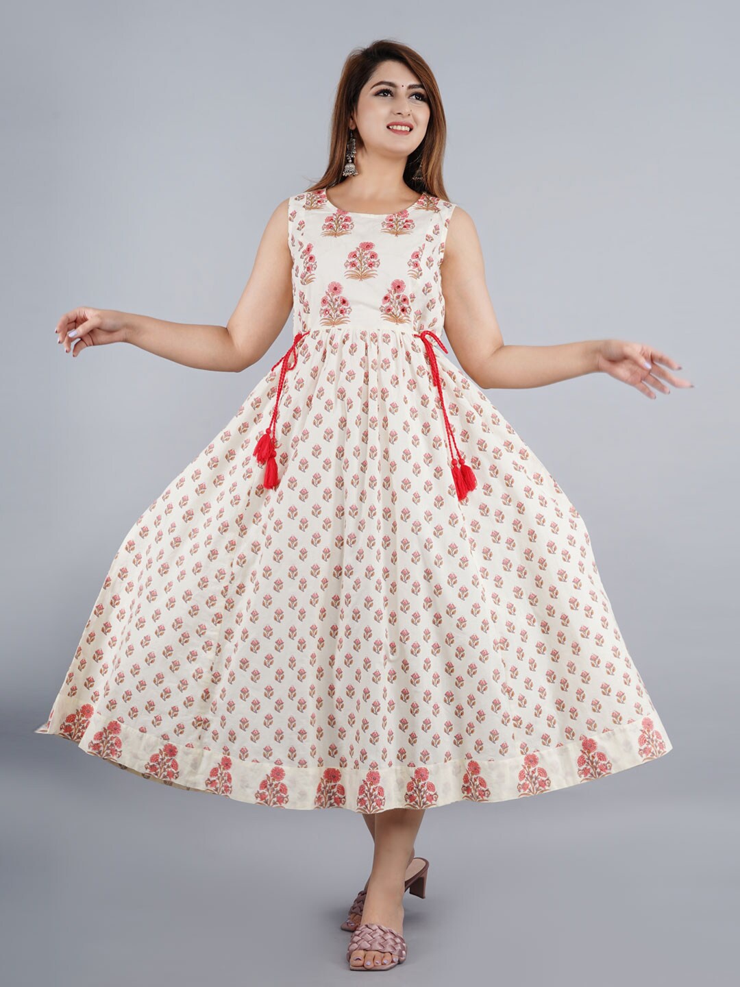 

KALINI White Floral Printed Sleeveless Fit & Flare Ethnic Dress