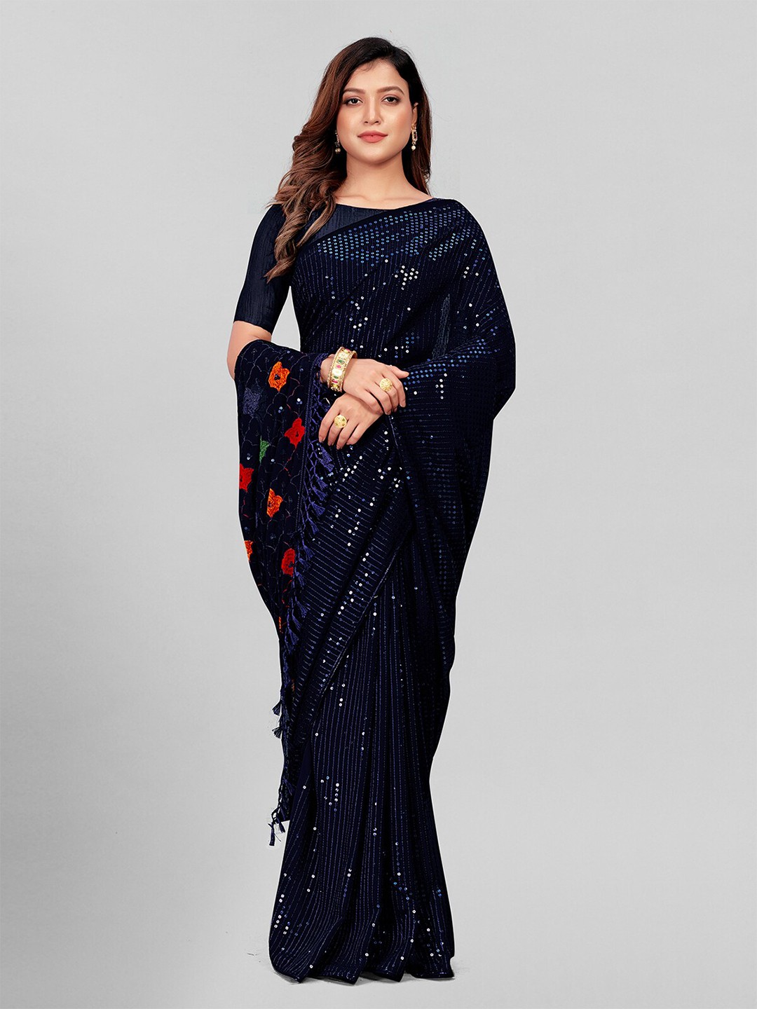 

KALINI Embellished Sequinned Pure Georgette Saree, Blue