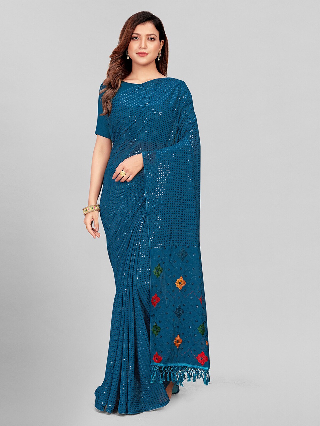 

KALINI Embellished Sequinned Pure Georgette Saree, Teal