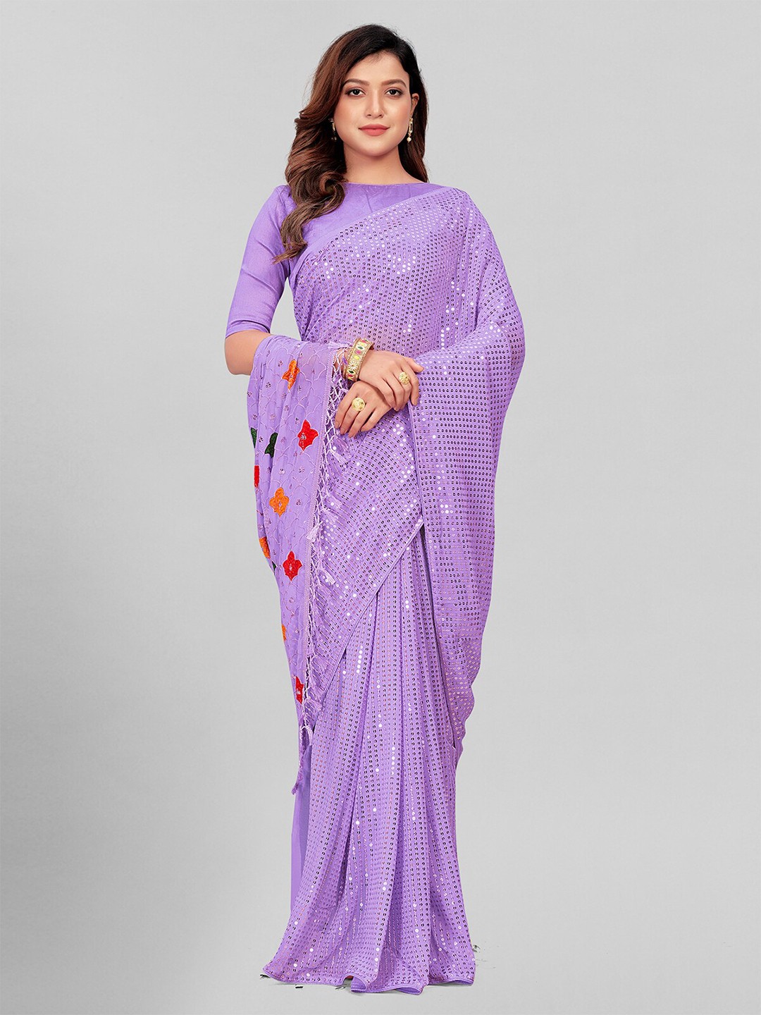 

KALINI Embellished Sequinned Pure Georgette Saree, Lavender