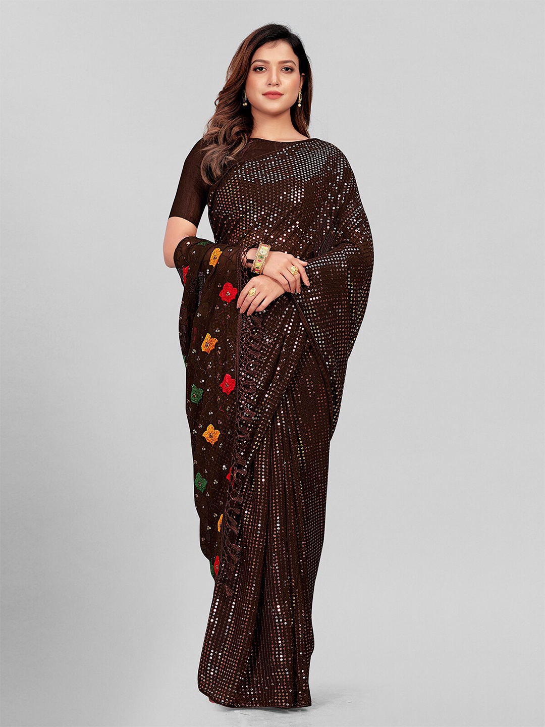 

KALINI Embellished Sequinned Pure Georgette Saree, Brown