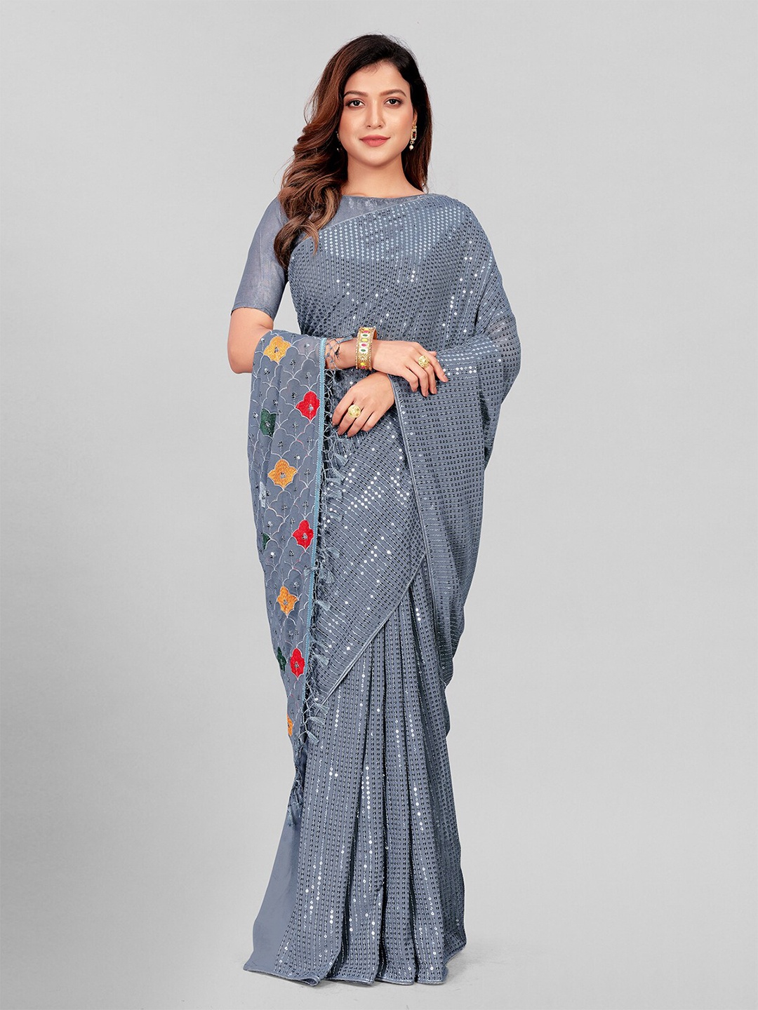 

KALINI Embellished Sequinned Pure Georgette Saree, Grey