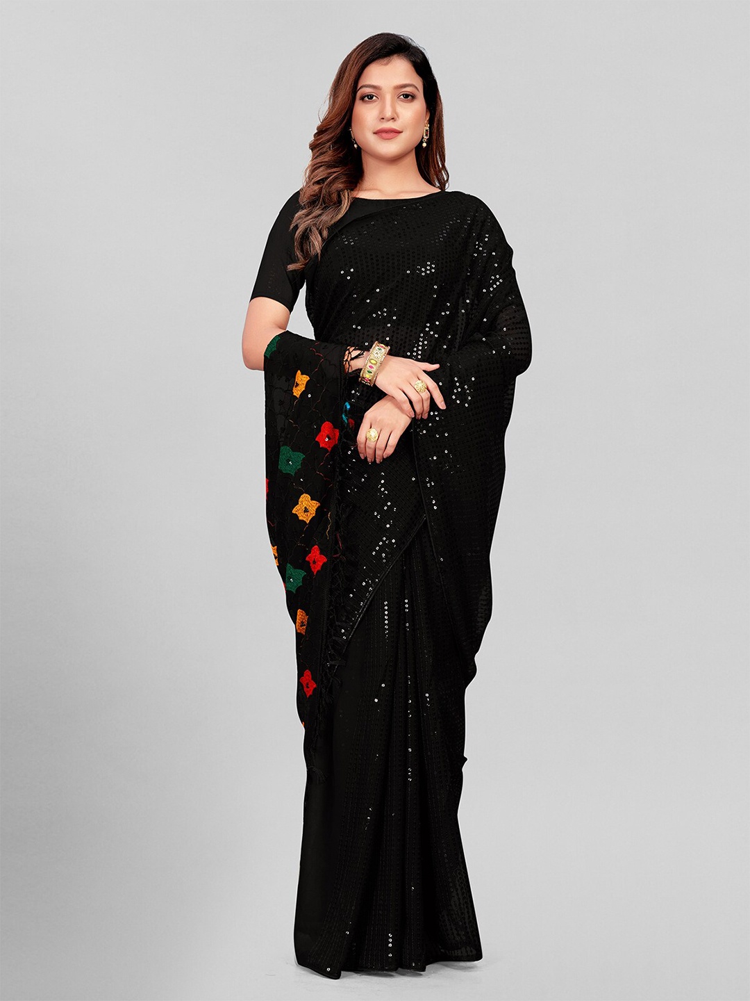 

KALINI Embellished Sequinned Pure Georgette Saree, Black