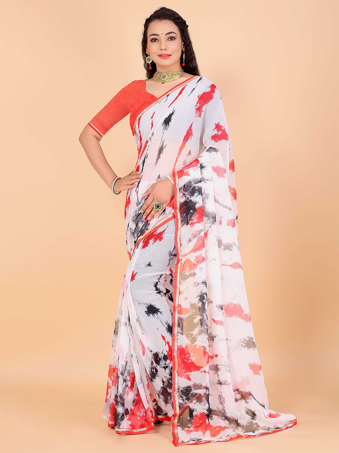 

HERE&NOW White & Red Abstract Printed Pure Georgette Saree