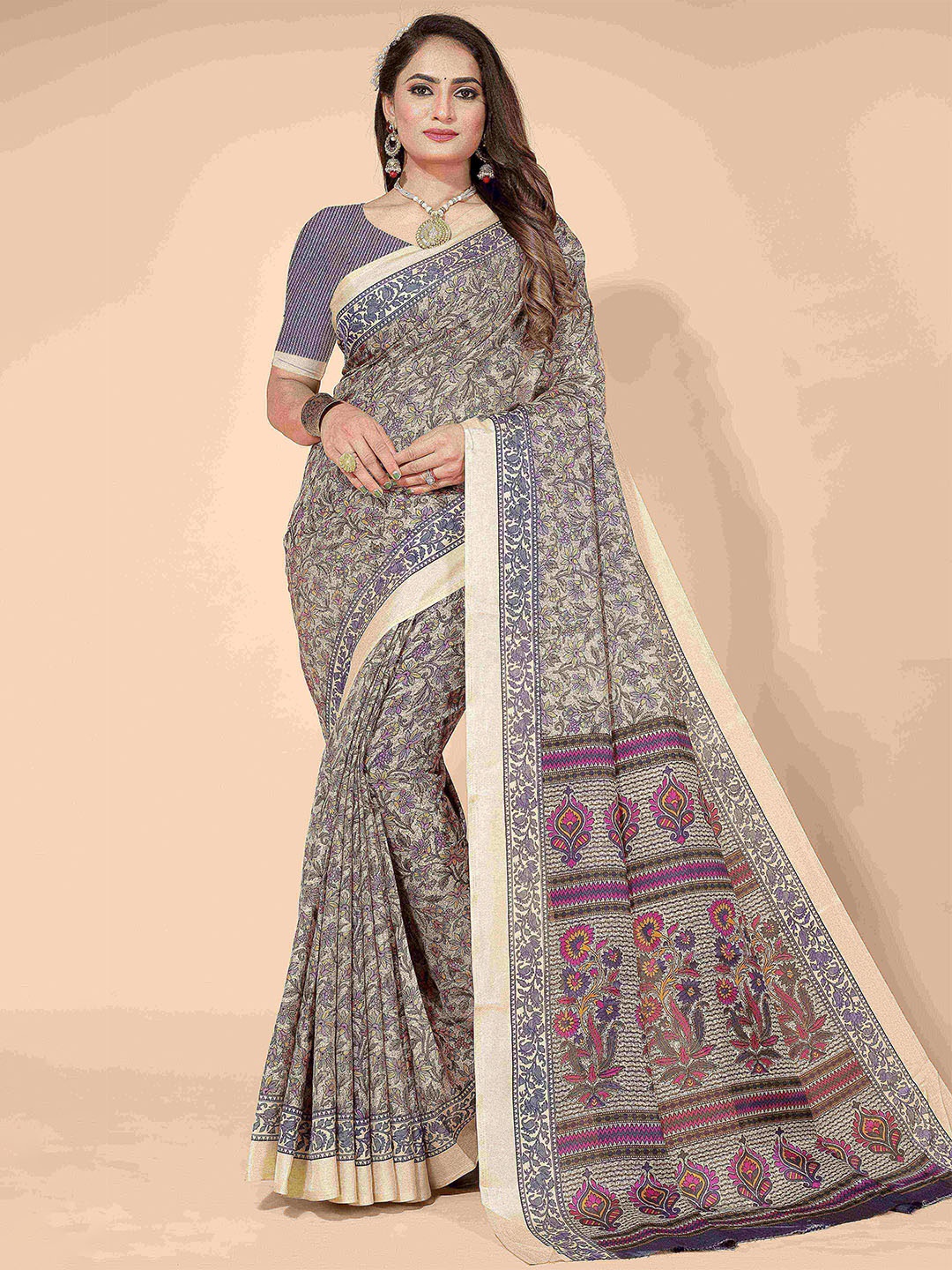 

HERE&NOW Grey & Purple Floral Printed Saree
