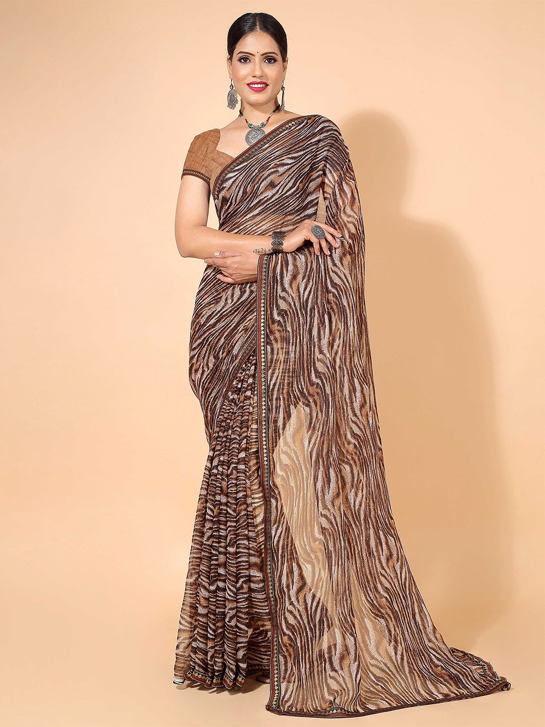 

HERE&NOW Brown & White Abstract Printed Embellished Saree