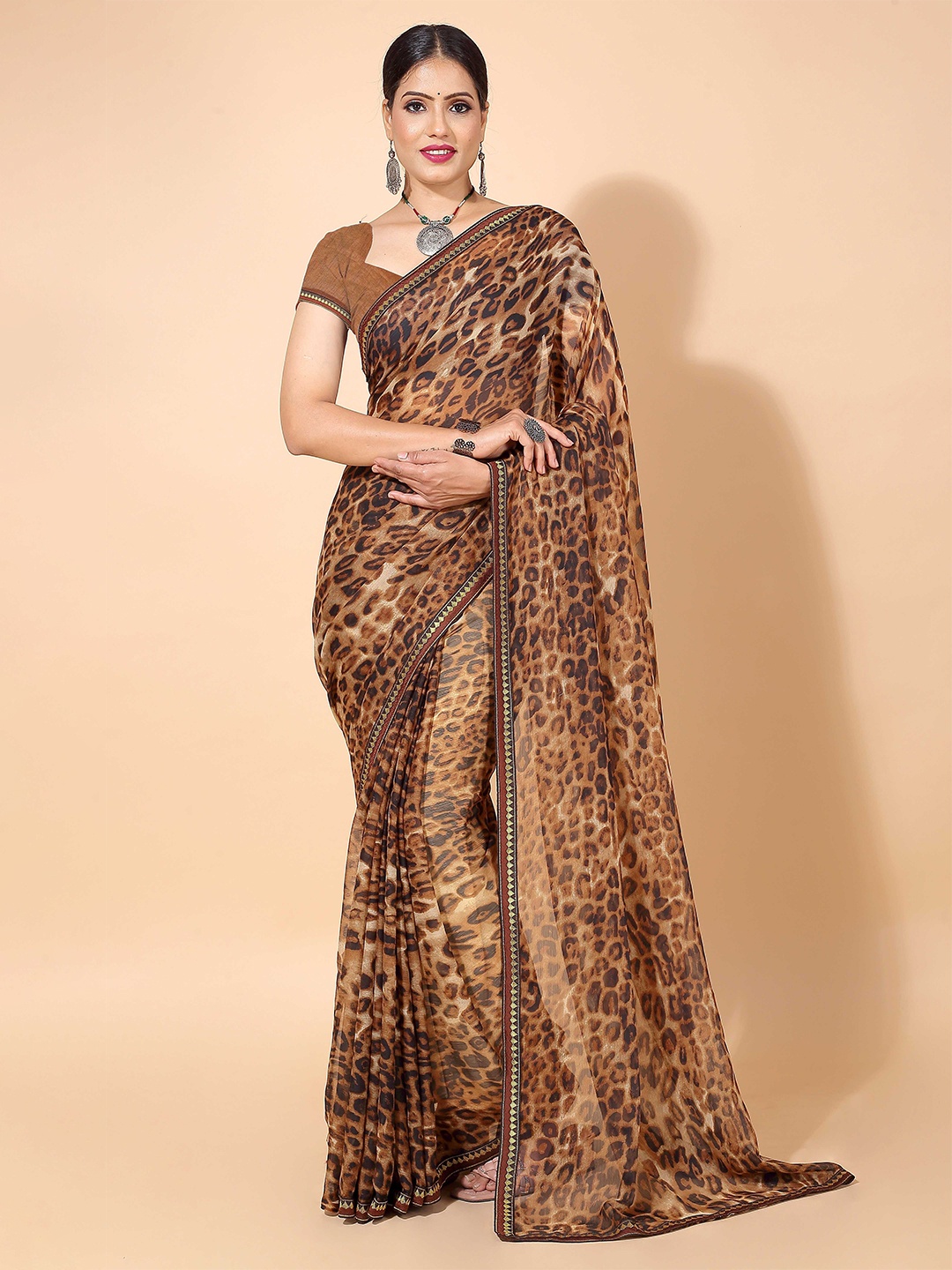 

HERE&NOW Brown & Coffee Brown Abstract Printed Embellished Saree