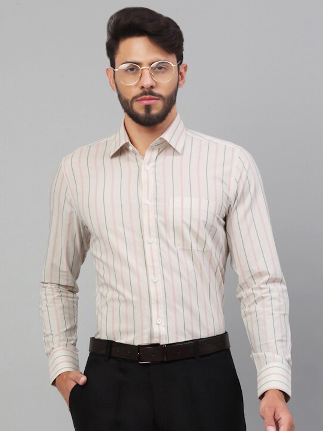 

LOUIS STITCH Comfort Striped Pure Cotton Formal Shirt, Beige